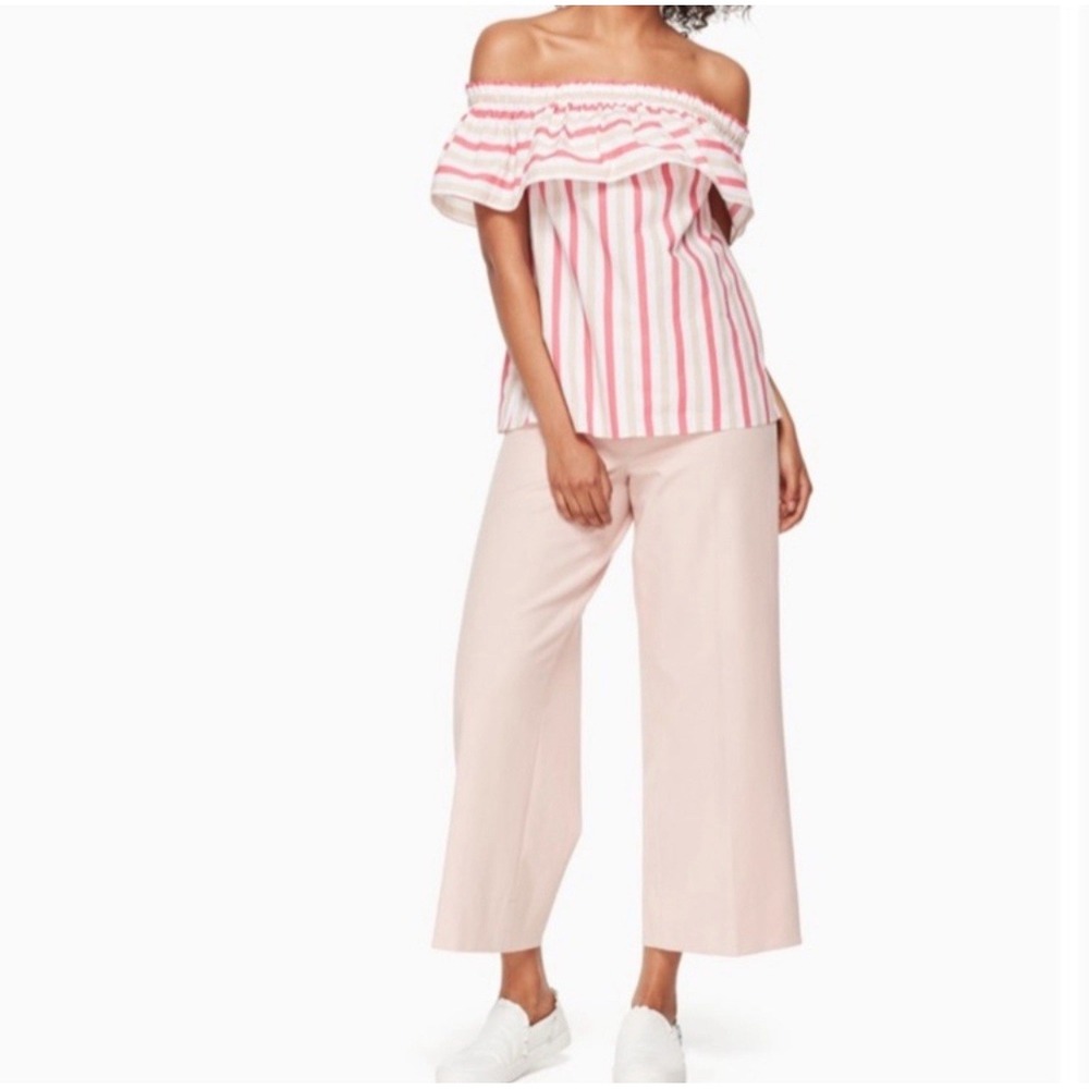 Kate Spade‎ New York Pink Striped Off Shoulder Ruffle Cotton Top H317 Large